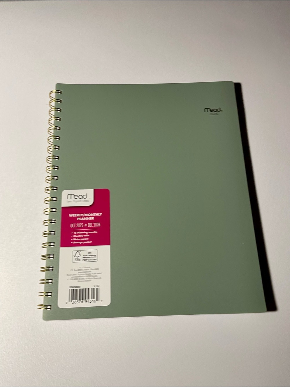 NWT Mead 2026 Sage Green Weekly Monthly Large Twin-Wire Binding Planner Notebook